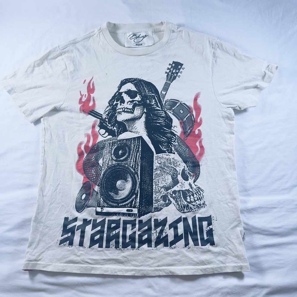 Bkys Stargazing T Shirt Men Medium Graphic‎ Tee Skull Guitar Flames Rock Music